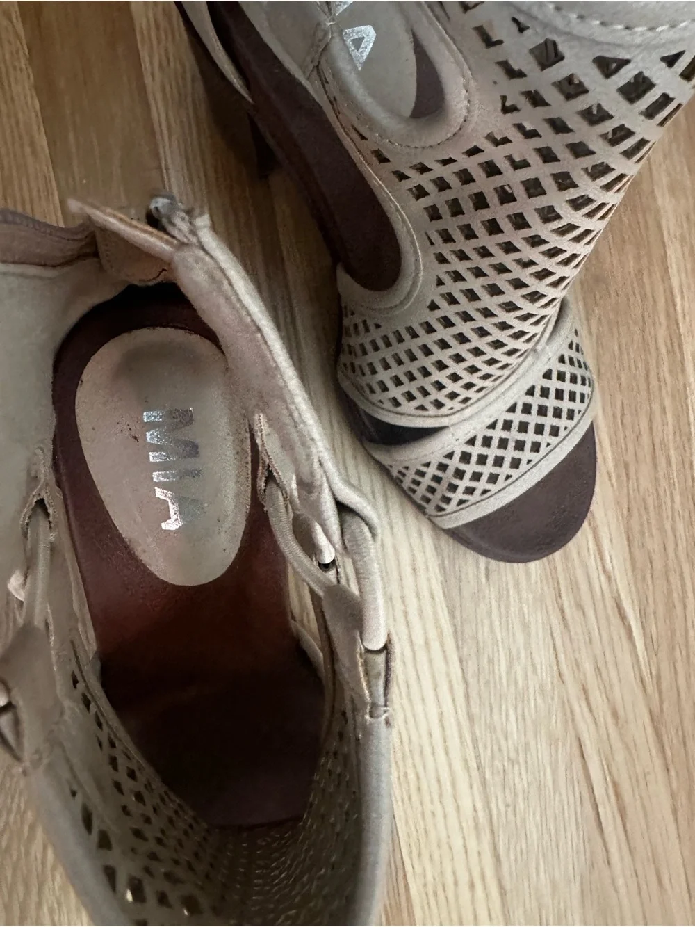 MIA Perforated Block Heel Sandals in Light Taupe